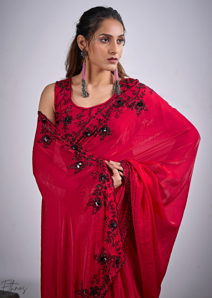 Red Jasper Cutdana Fendy Satin Silk Saree