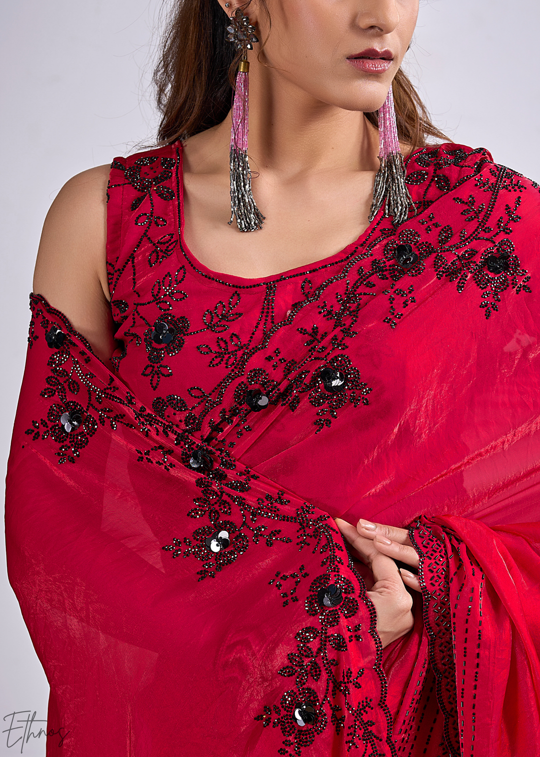 Red Jasper Cutdana Fendy Satin Silk Saree