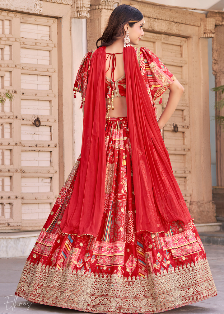 Red Printed Embroidered Chinon Silk Lehenga