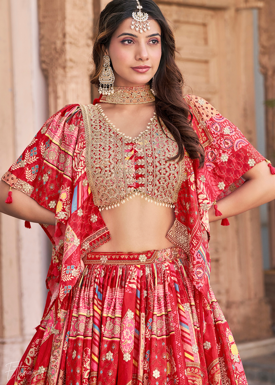 Red Printed Embroidered Chinon Silk Lehenga