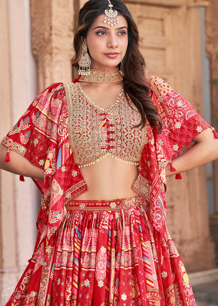 Red Printed Embroidered Chinon Silk Lehenga