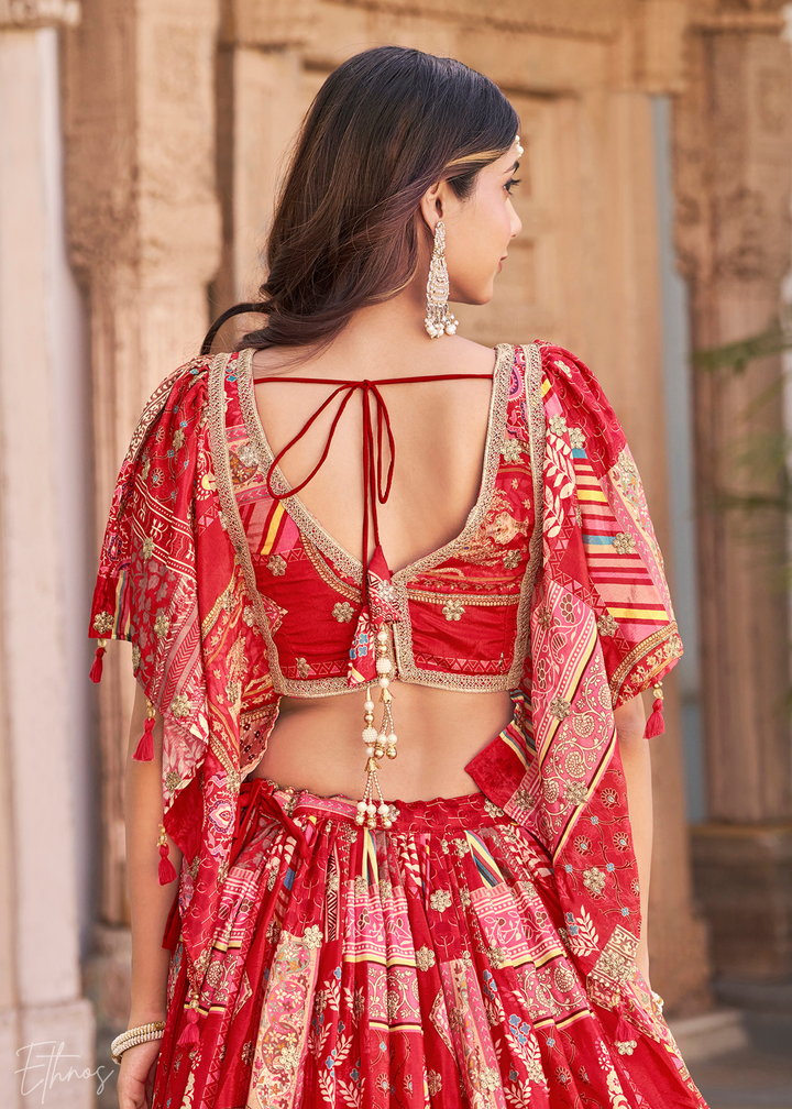 Red Printed Embroidered Chinon Silk Lehenga