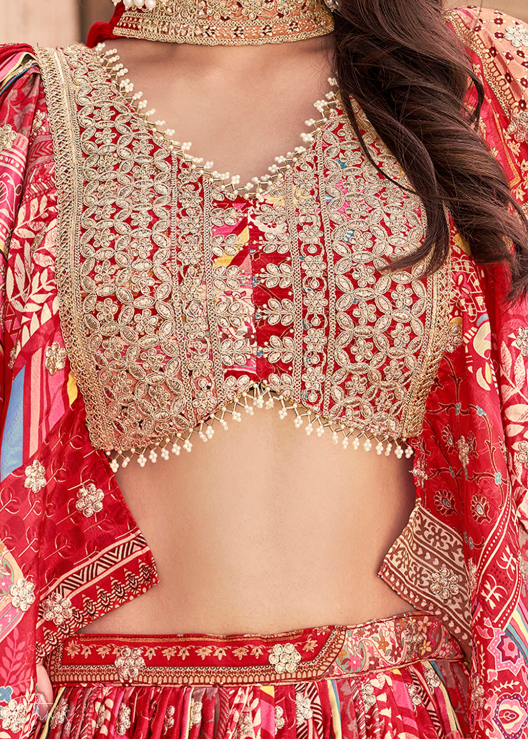 Red Printed Embroidered Chinon Silk Lehenga