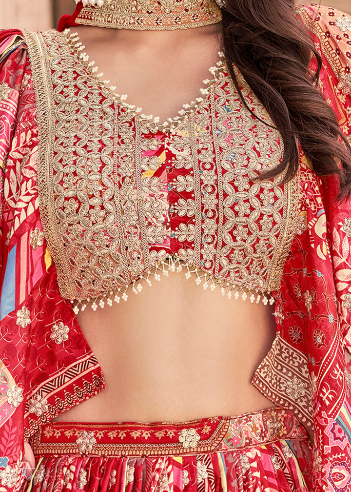 Red Printed Embroidered Chinon Silk Lehenga