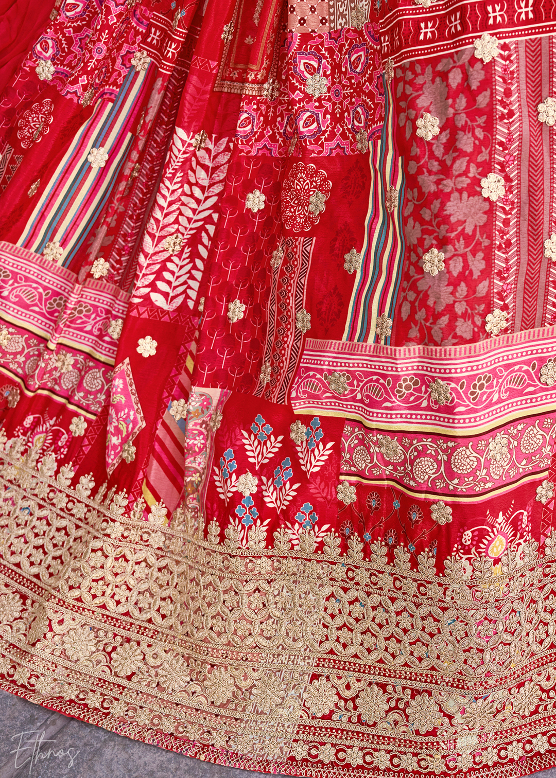 Red Printed Embroidered Chinon Silk Lehenga