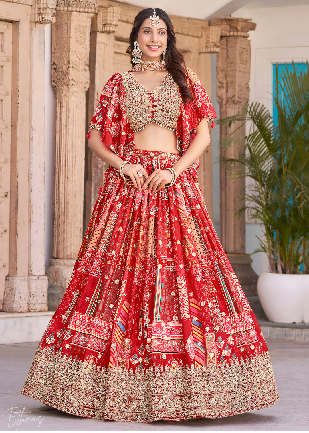 Red Printed Embroidered Chinon Silk Lehenga