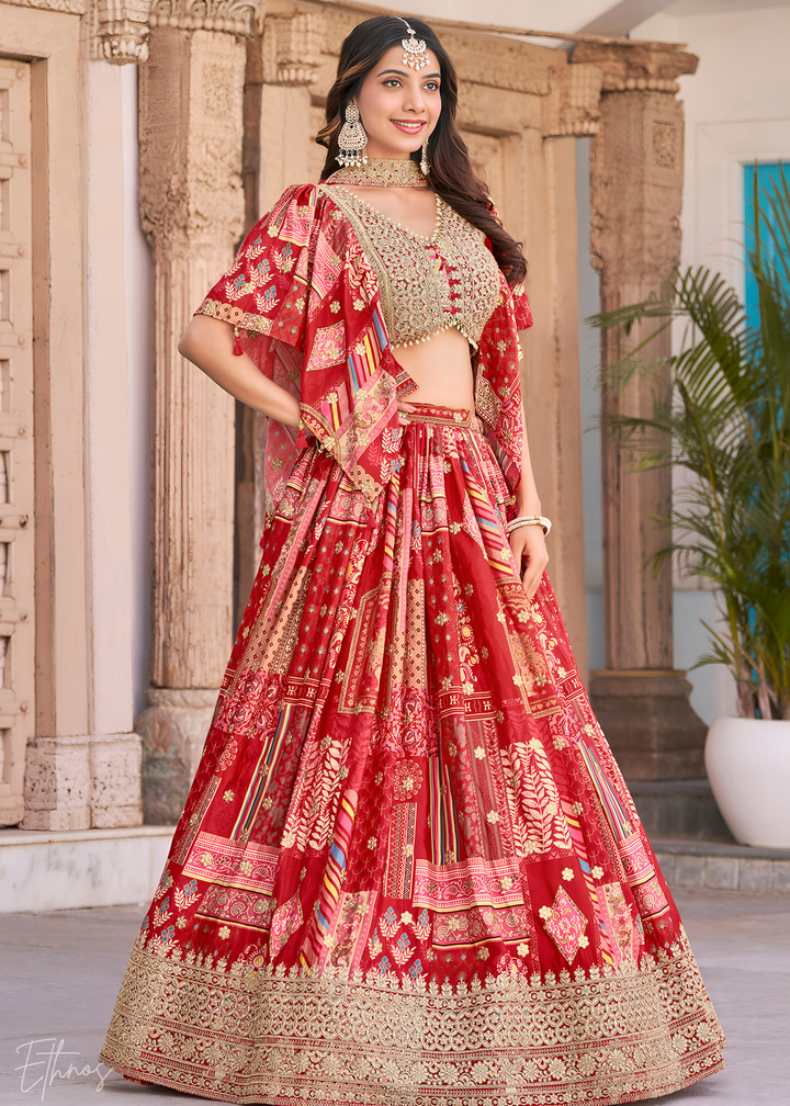 Red Printed Embroidered Chinon Silk Lehenga