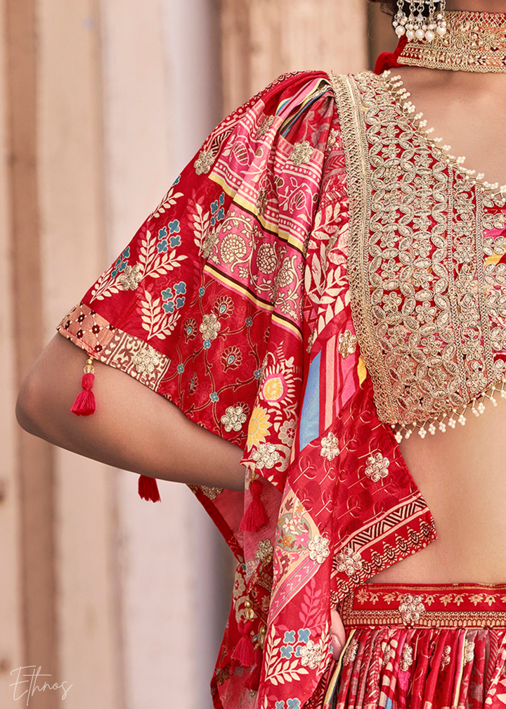 Red Printed Embroidered Chinon Silk Lehenga