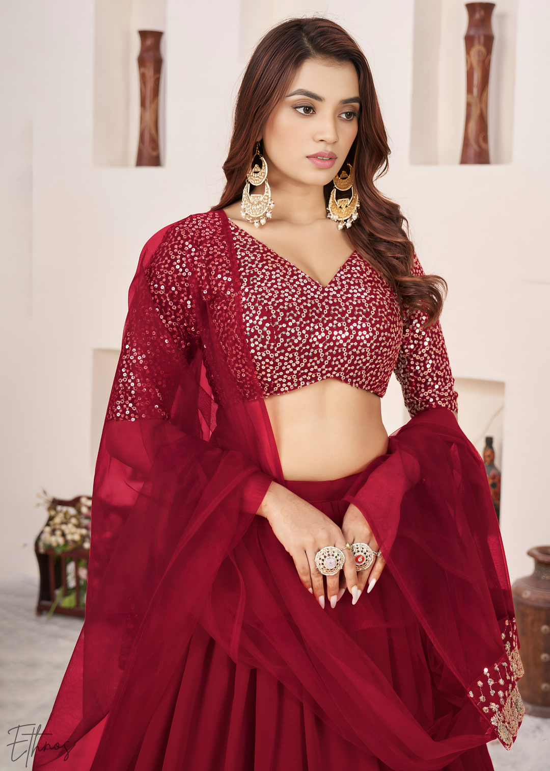 Red Sequins Georgette Lehenga