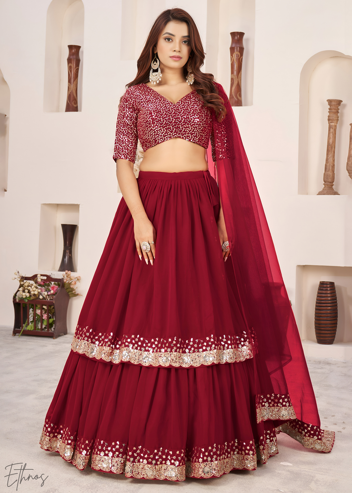 Red Sequins Georgette Lehenga
