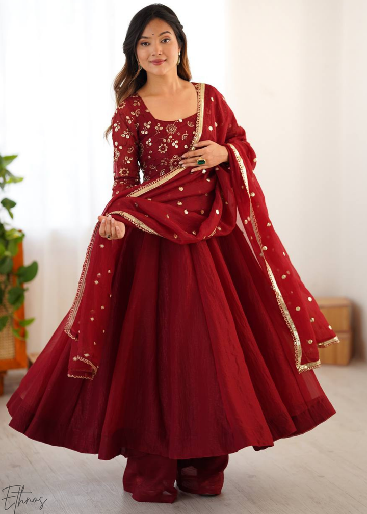 Red Silk Kalidaar Palazzo Suit