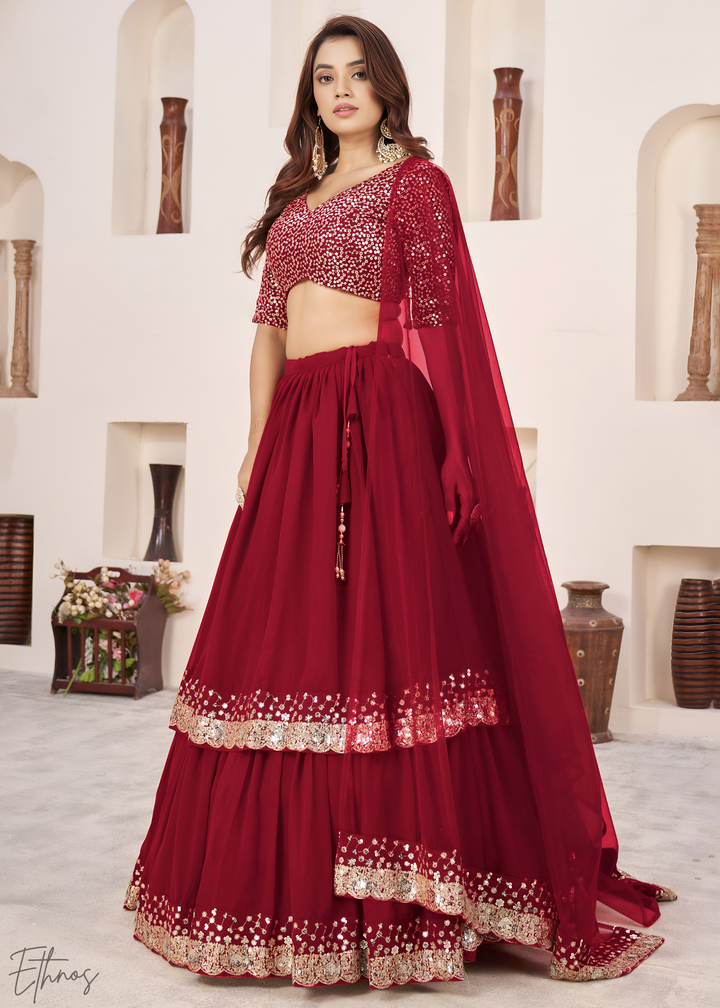 Red Sequins Georgette Lehenga