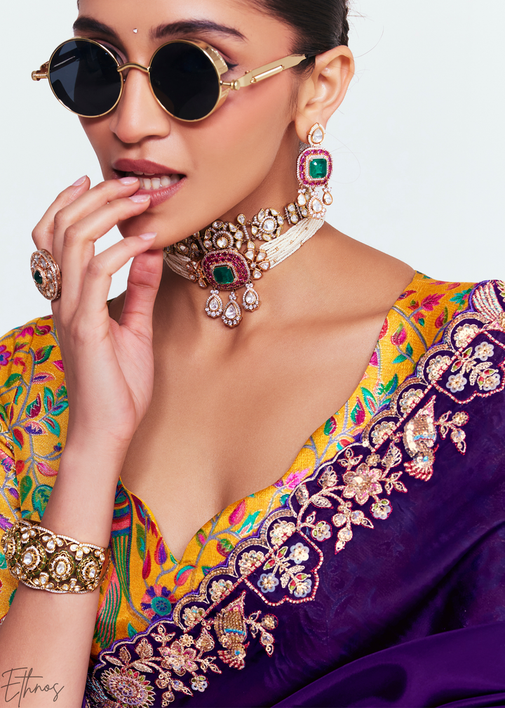 Regal Purple Embroidered Tissue Saree