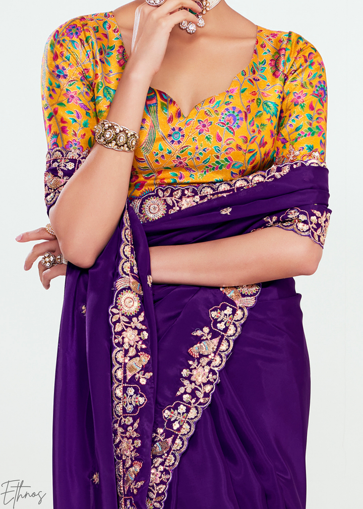 Regal Purple Embroidered Tissue Saree