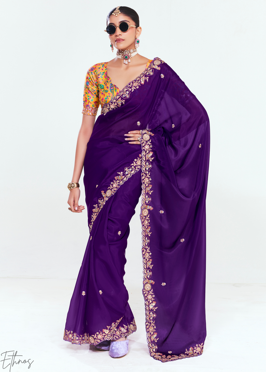 Regal Purple Embroidered Tissue Saree