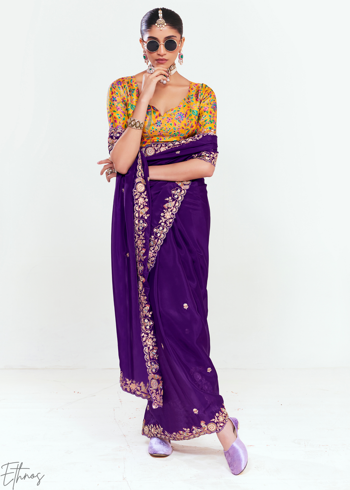 Regal Purple Embroidered Tissue Saree