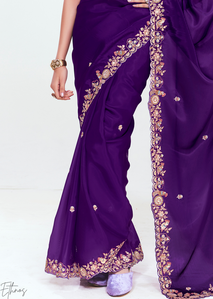 Regal Purple Embroidered Tissue Saree