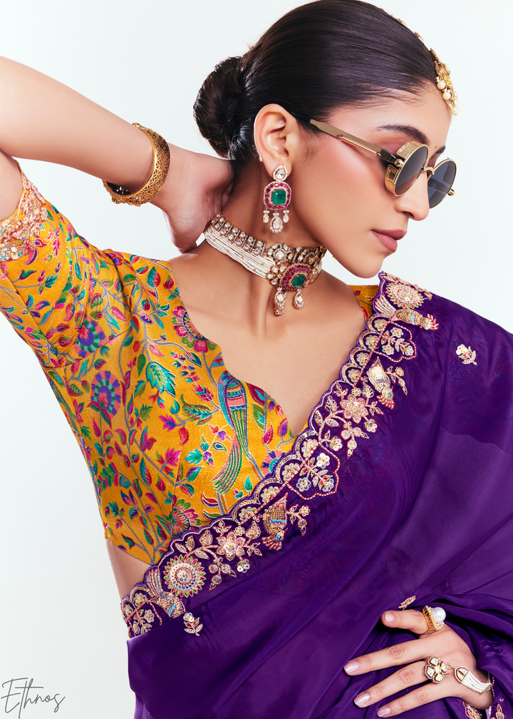 Regal Purple Embroidered Tissue Saree