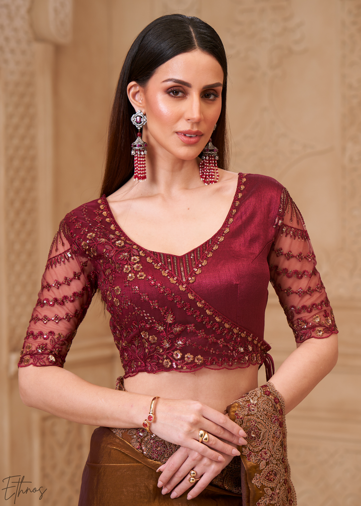 Rich Bronze Classic Border Satin Georgette Saree