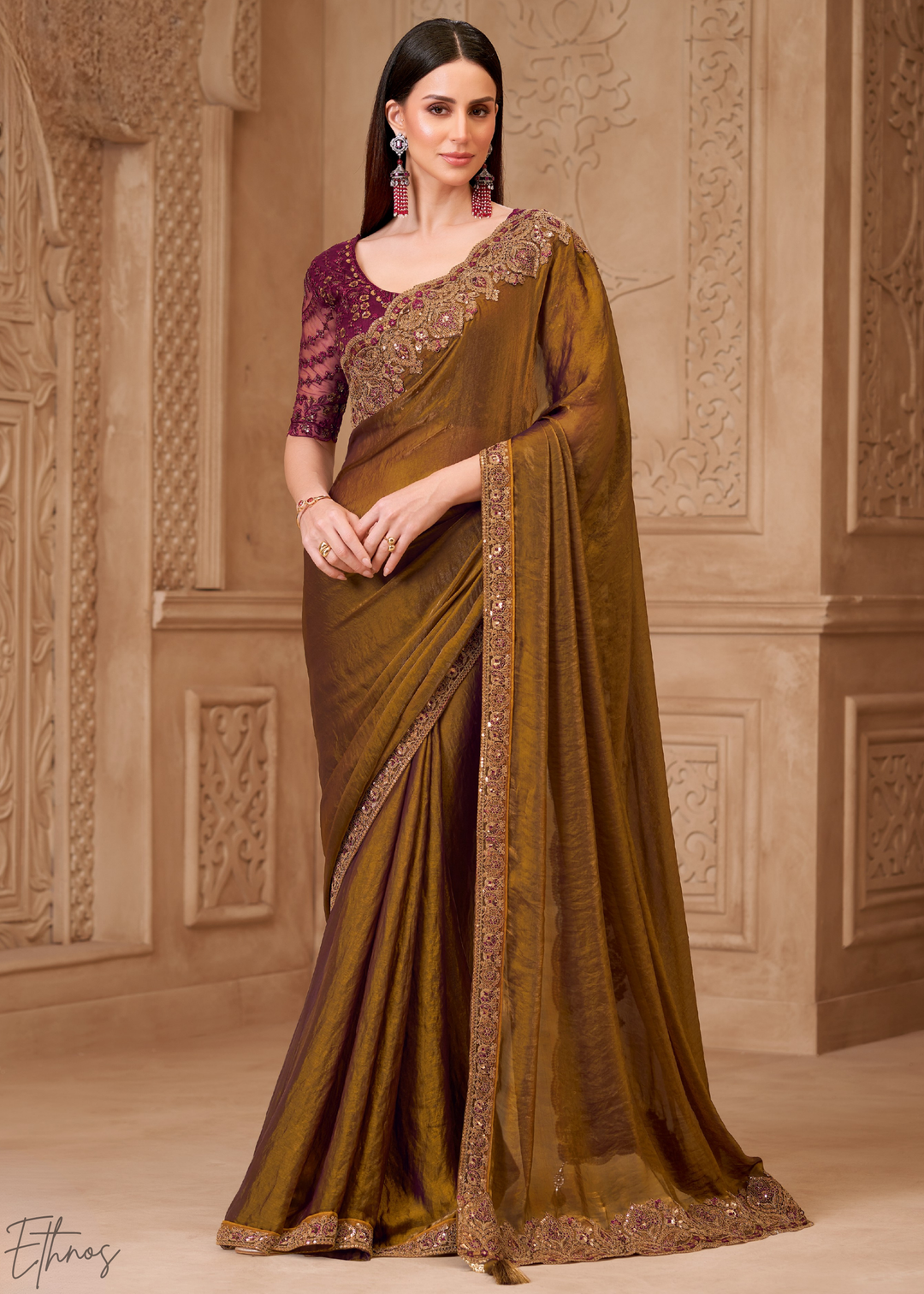 Rich Bronze Classic Border Satin Georgette Saree