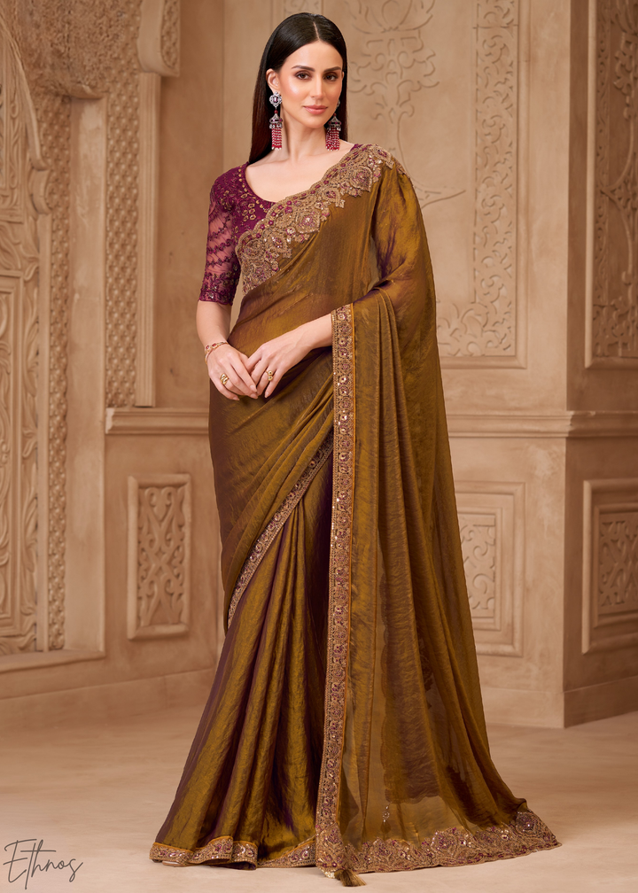 Rich Bronze Classic Border Satin Georgette Saree
