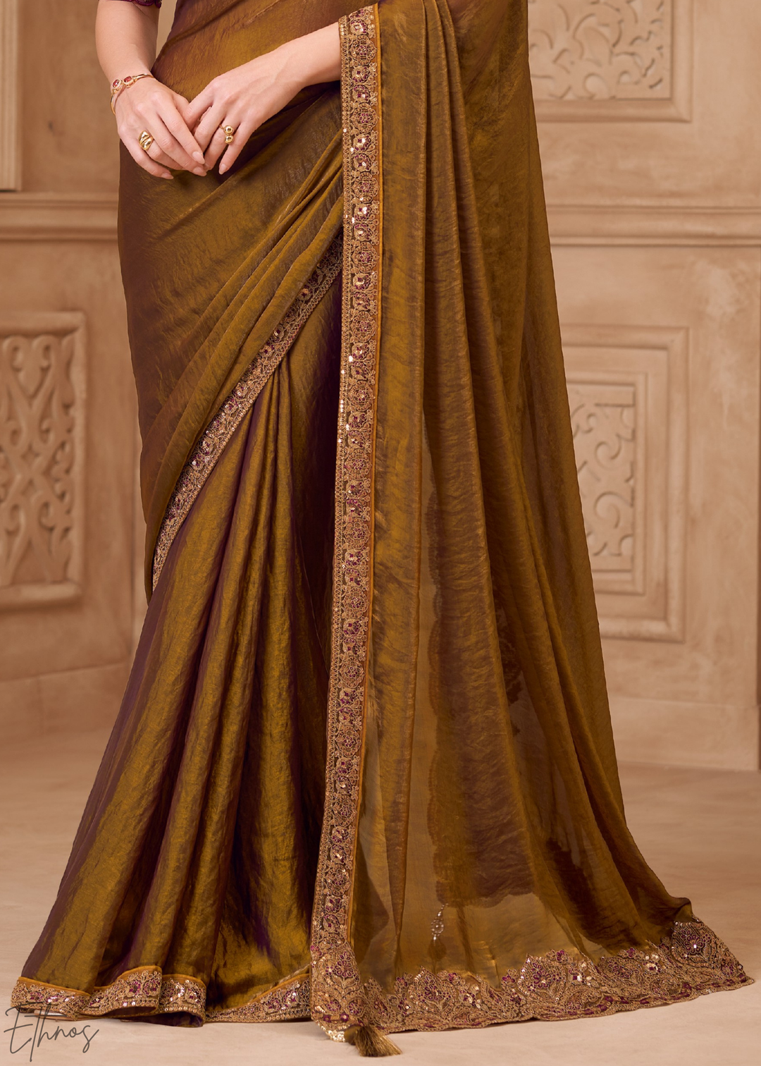 Rich Bronze Classic Border Satin Georgette Saree