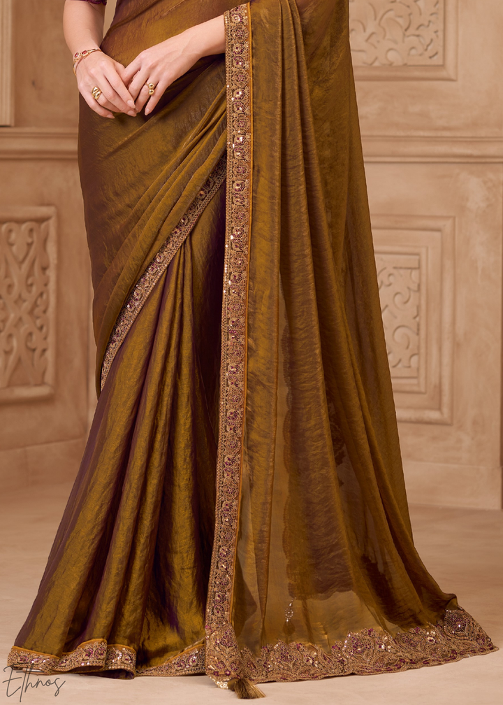 Rich Bronze Classic Border Satin Georgette Saree