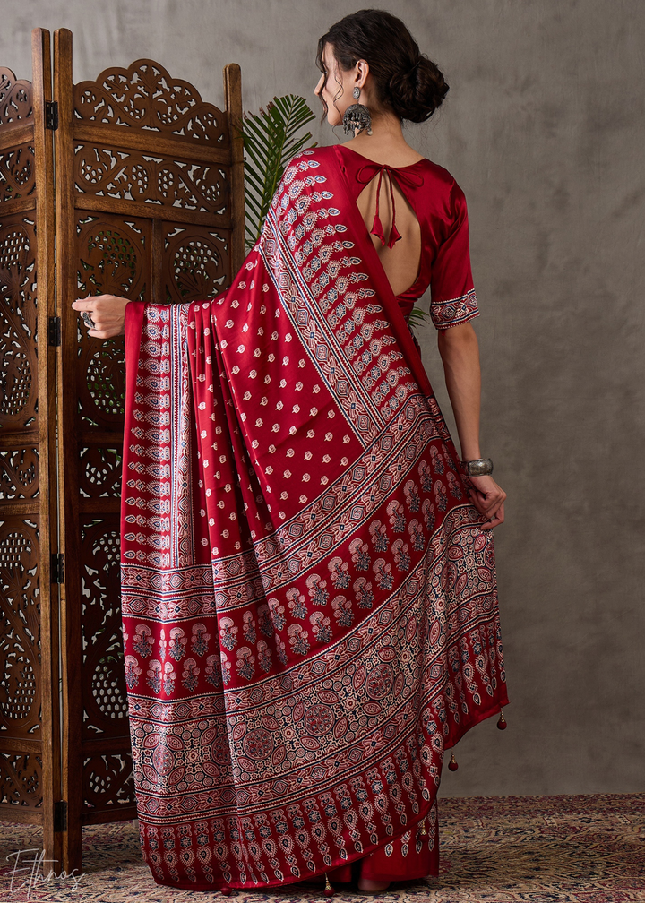 Rich Claret Heritage-Motif Semi-Modal Silk Saree