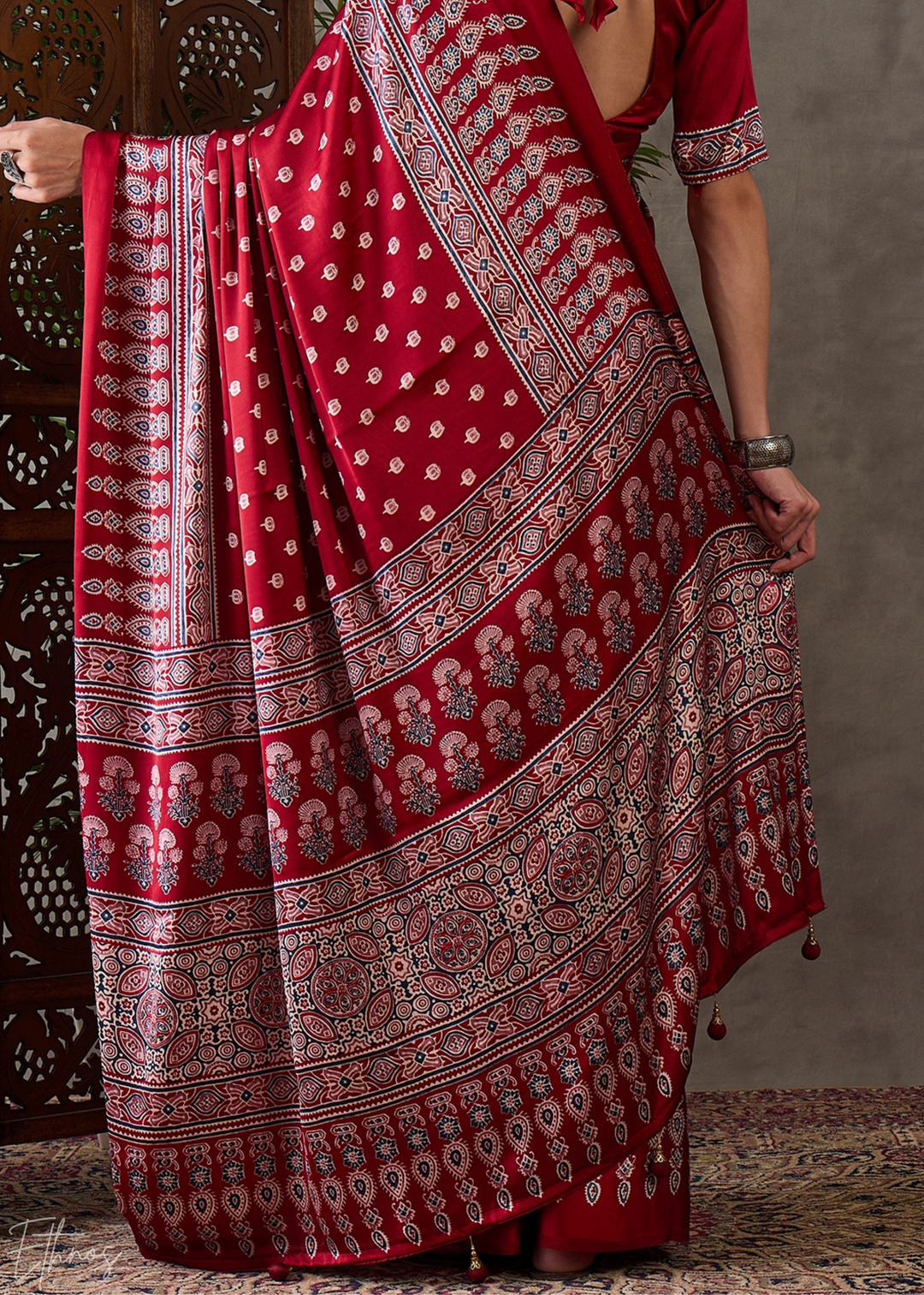 Rich Claret Heritage-Motif Semi-Modal Silk Saree