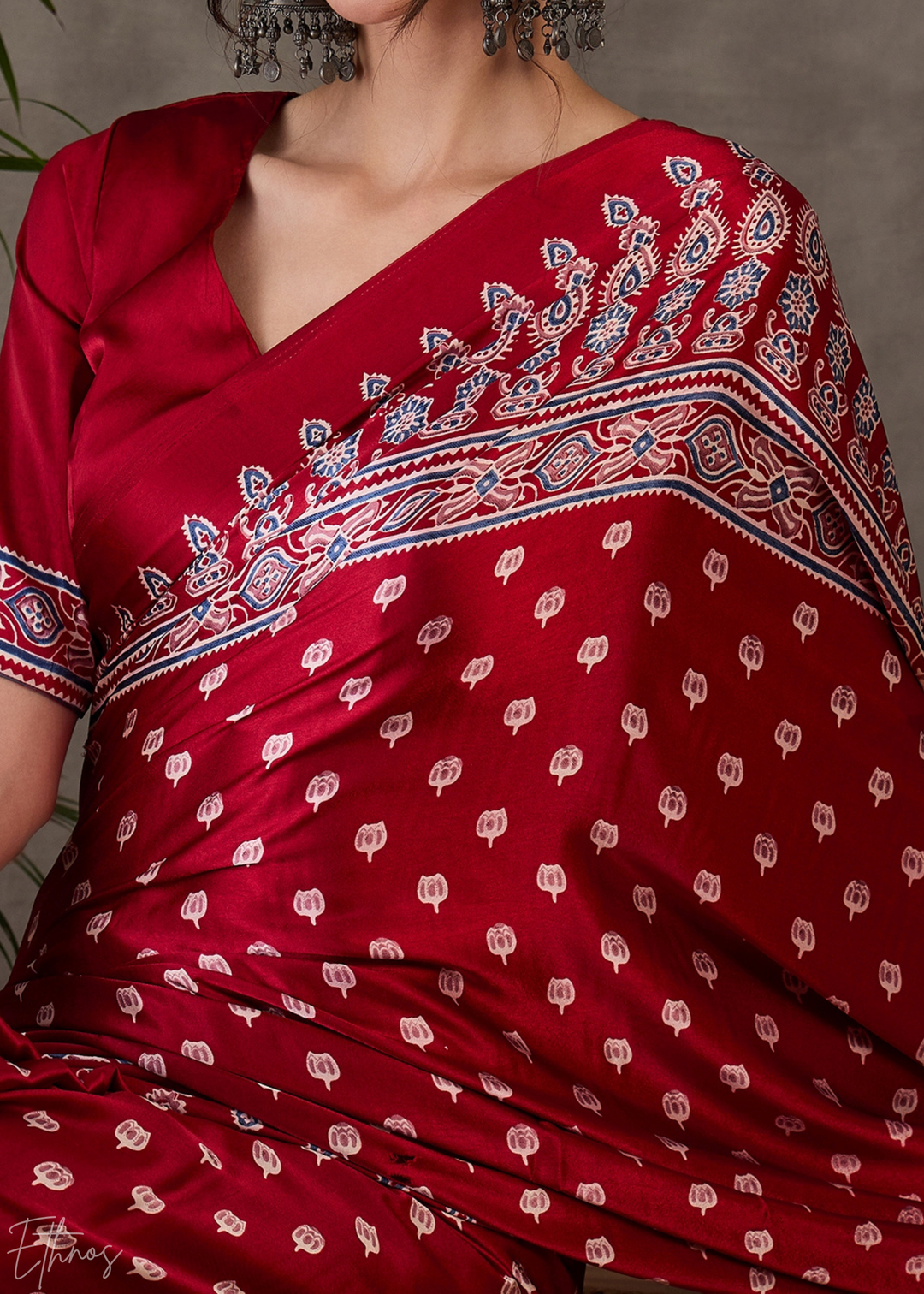 Rich Claret Heritage-Motif Semi-Modal Silk Saree