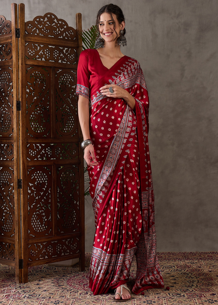 Rich Claret Heritage-Motif Semi-Modal Silk Saree
