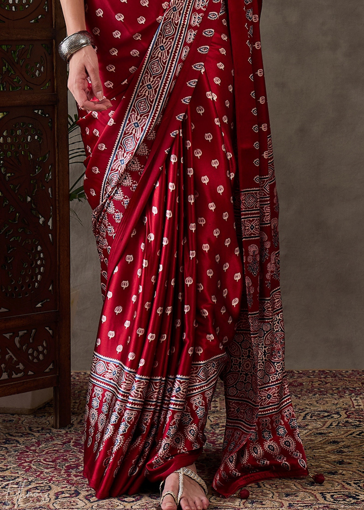 Rich Claret Heritage-Motif Semi-Modal Silk Saree