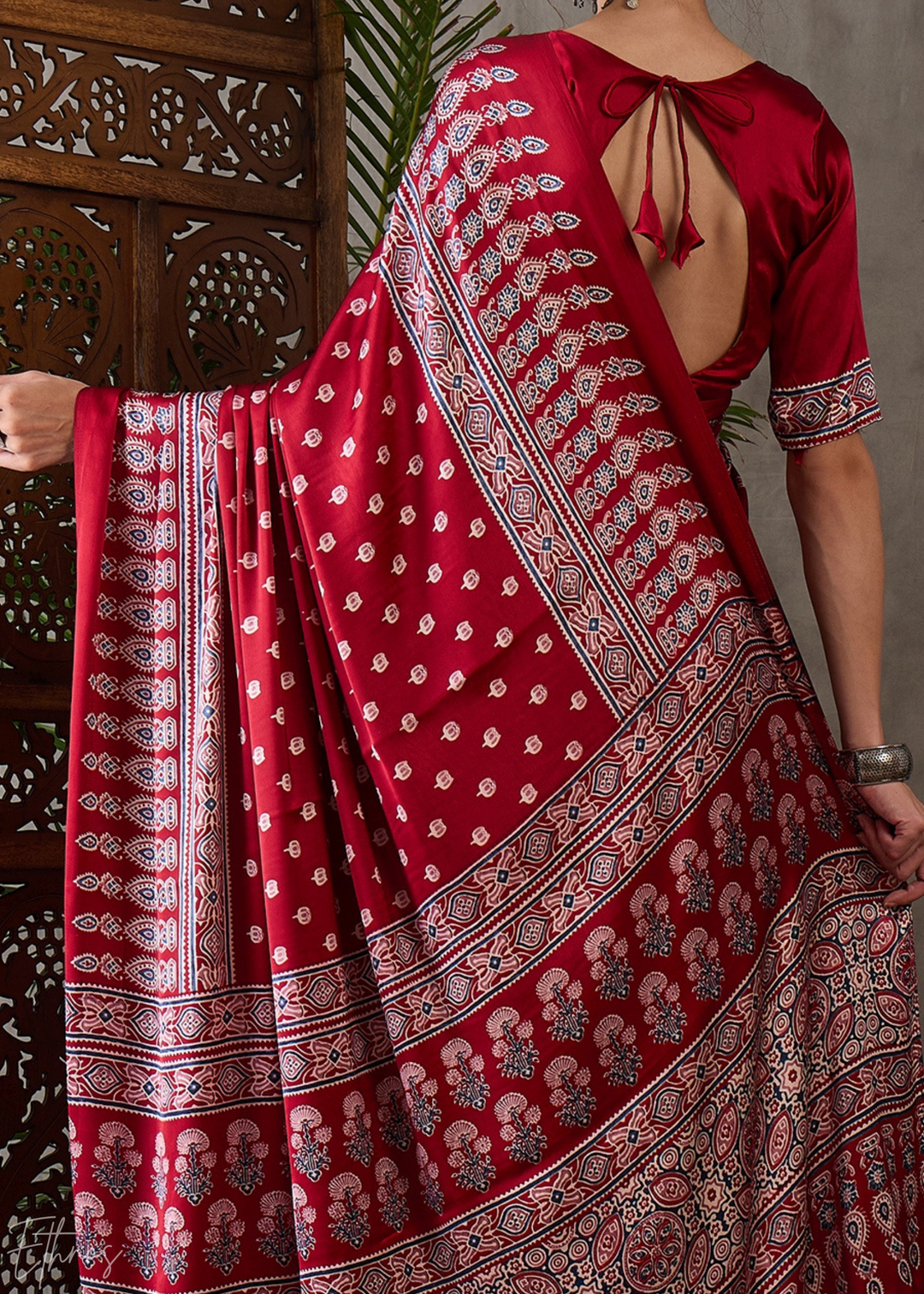 Rich Claret Heritage-Motif Semi-Modal Silk Saree