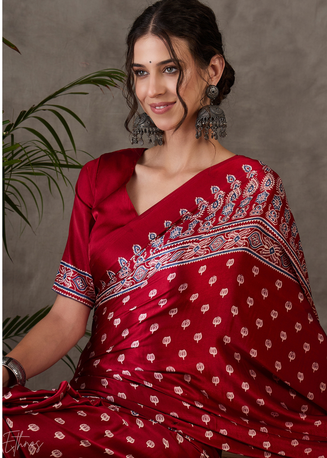 Rich Claret Heritage-Motif Semi-Modal Silk Saree
