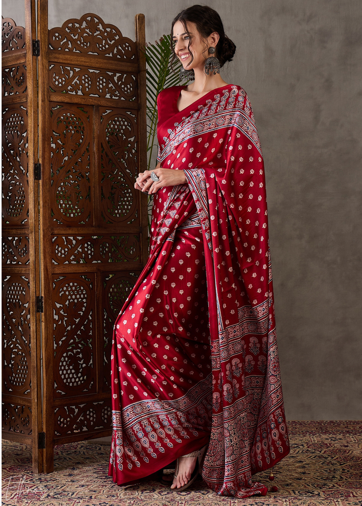Rich Claret Heritage-Motif Semi-Modal Silk Saree