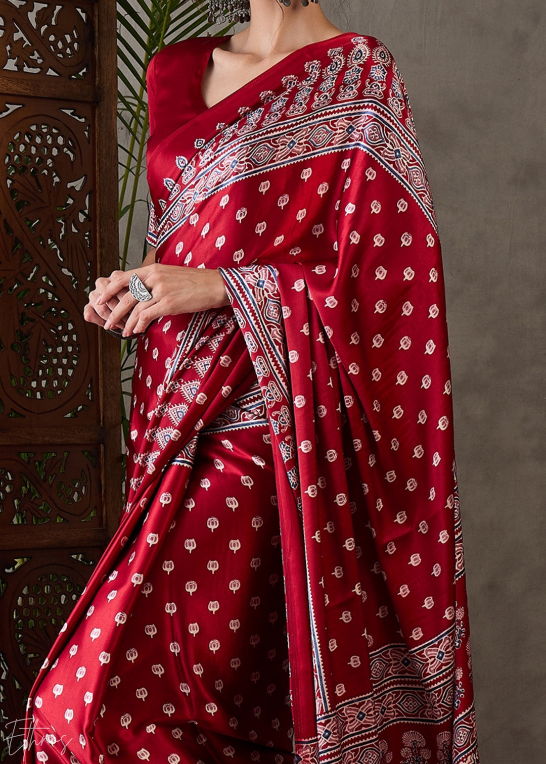 Rich Claret Heritage-Motif Semi-Modal Silk Saree