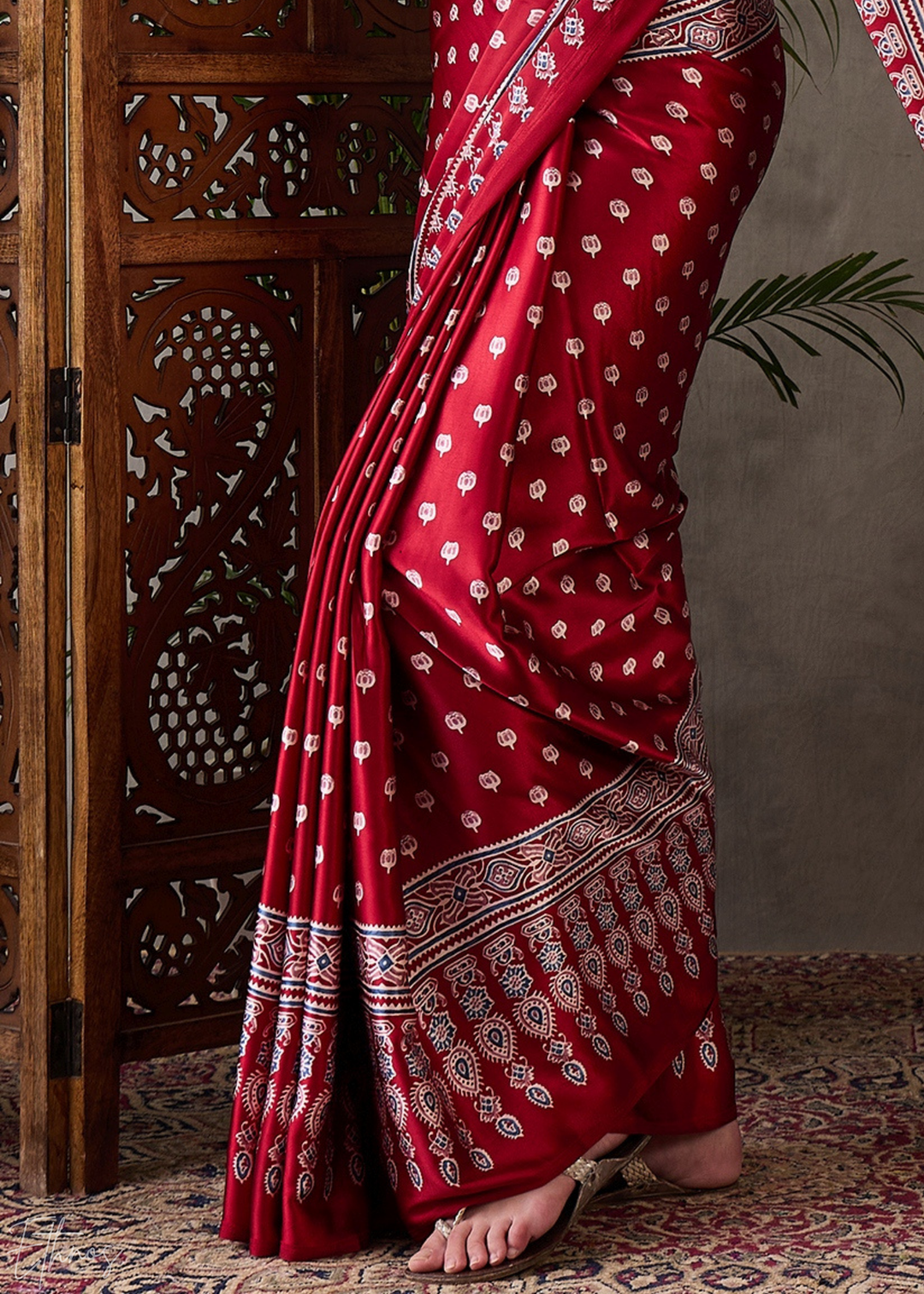 Rich Claret Heritage-Motif Semi-Modal Silk Saree