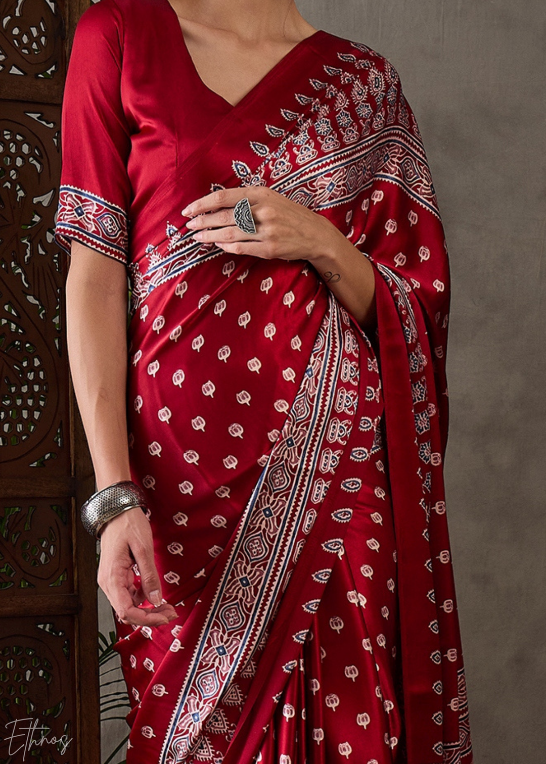 Rich Claret Heritage-Motif Semi-Modal Silk Saree