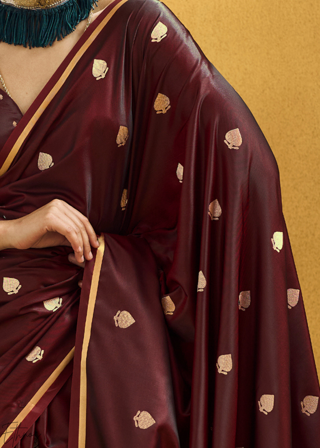 Rich Crimson Cocoa Leheriya Chevron Satin Saree