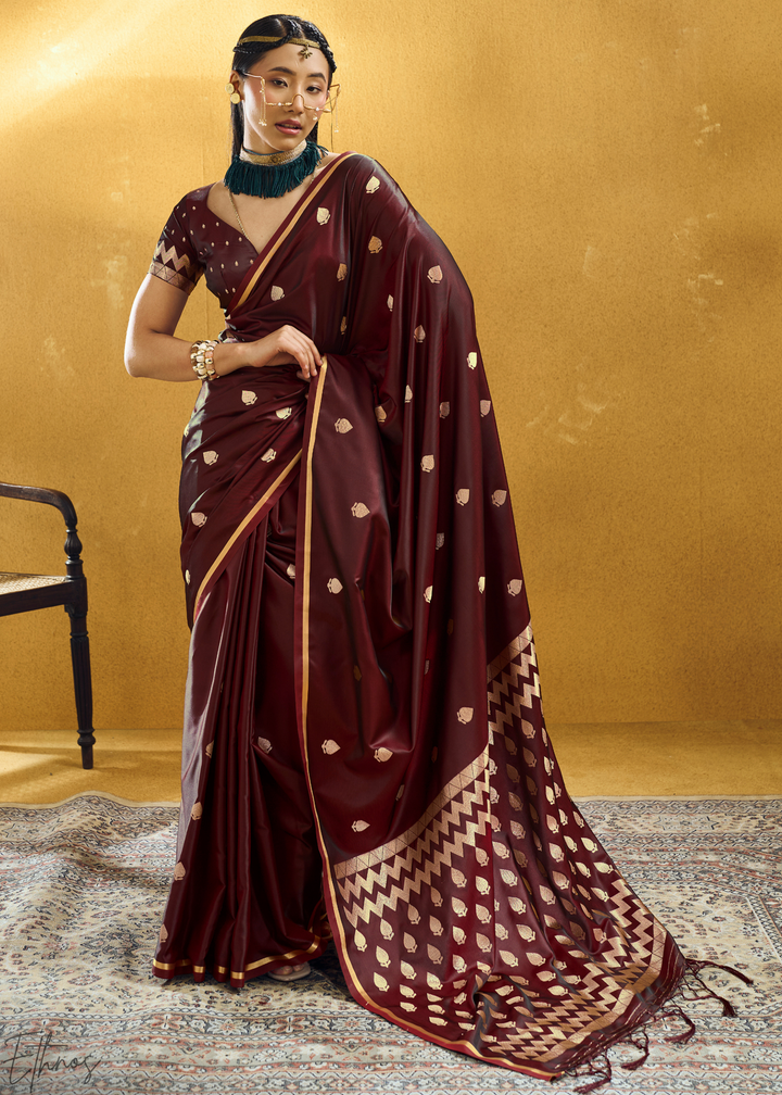 Rich Crimson Cocoa Leheriya Chevron Satin Saree