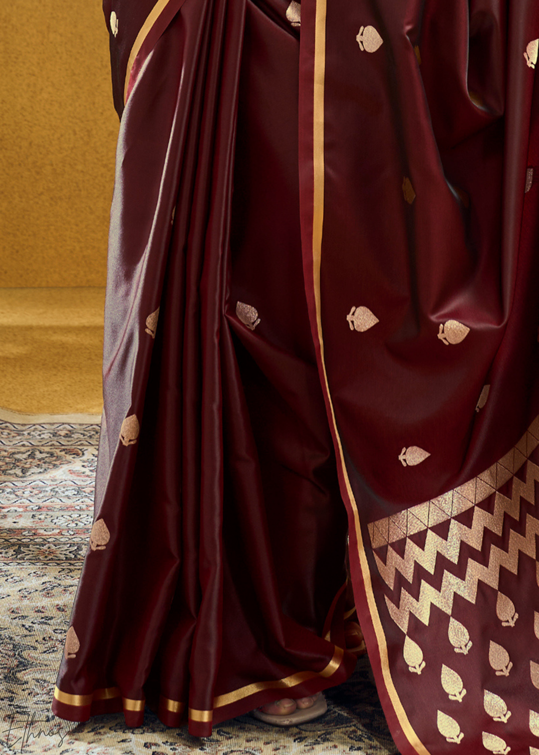 Rich Crimson Cocoa Leheriya Chevron Satin Saree