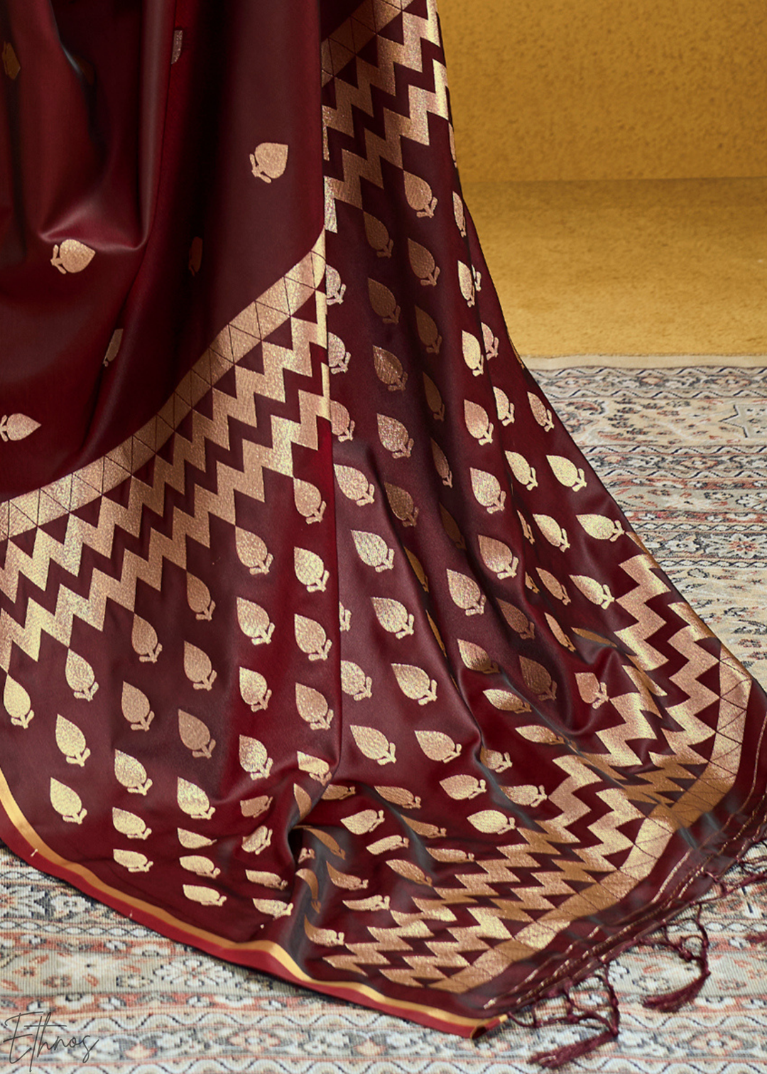Rich Crimson Cocoa Leheriya Chevron Satin Saree