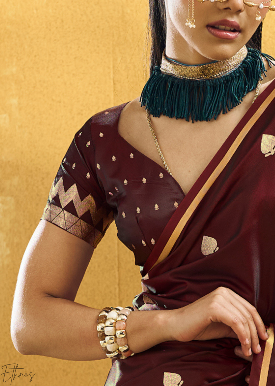 Rich Crimson Cocoa Leheriya Chevron Satin Saree