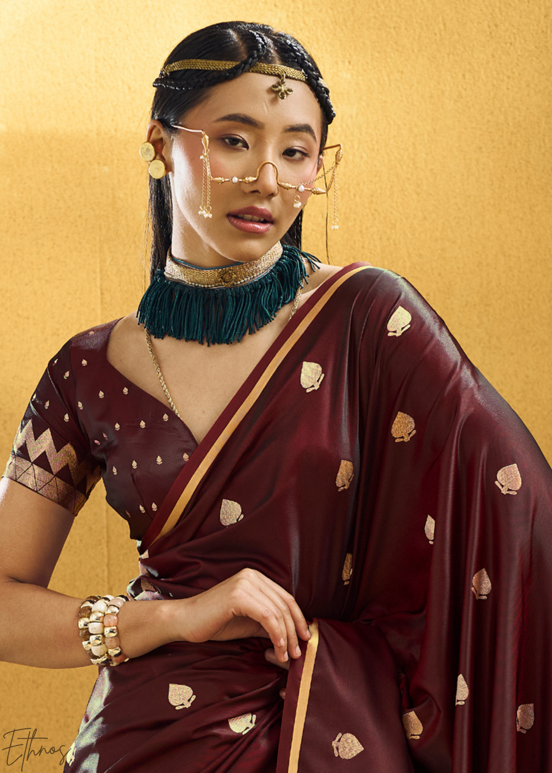 Rich Crimson Cocoa Leheriya Chevron Satin Saree
