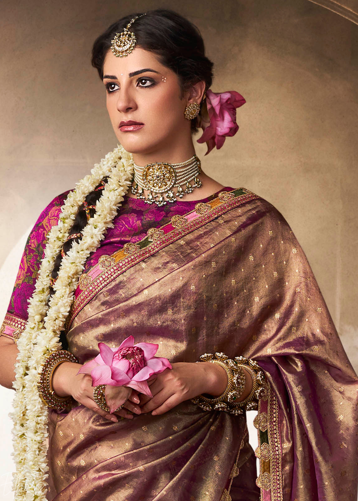 Rich Mauve Pom-Pom Border Tissue Silk Saree