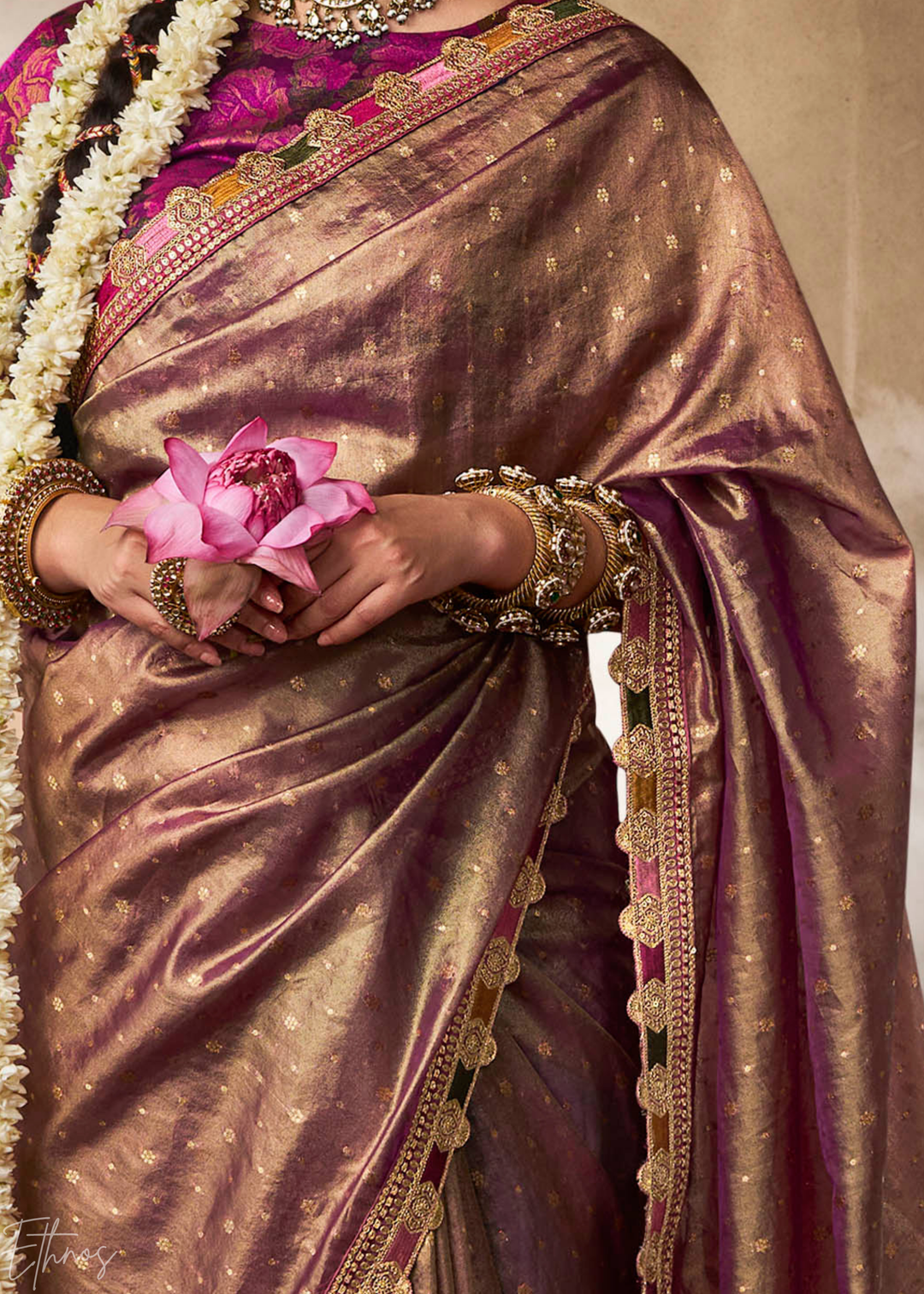 Rich Mauve Pom-Pom Border Tissue Silk Saree
