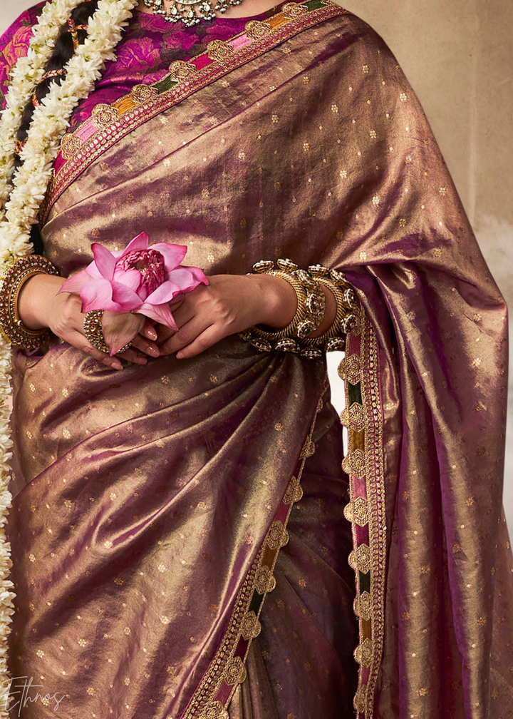 Rich Mauve Pom-Pom Border Tissue Silk Saree
