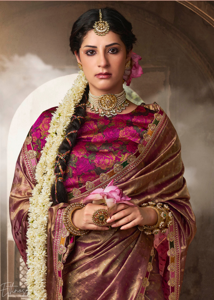 Rich Mauve Pom-Pom Border Tissue Silk Saree