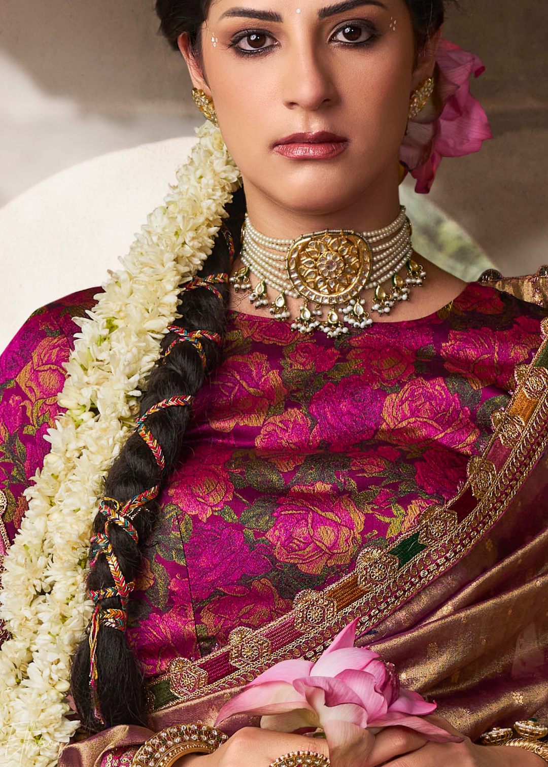 Rich Mauve Pom-Pom Border Tissue Silk Saree
