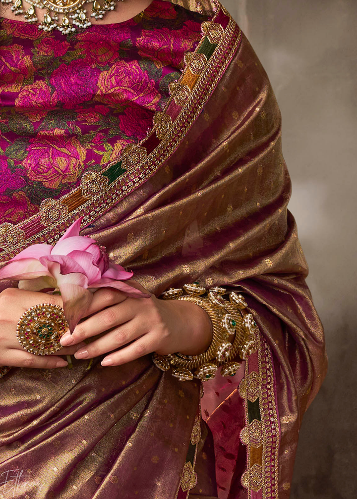 Rich Mauve Pom-Pom Border Tissue Silk Saree